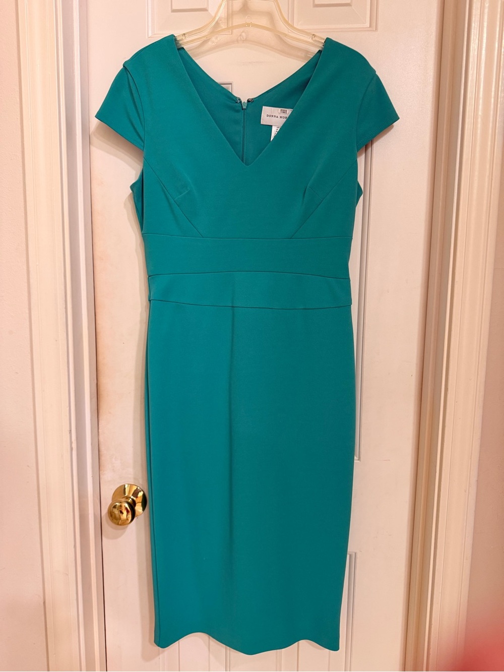 Donna Morgan Teal Cap-Sleeve Sheath Dress, Stretch, Lined, Back Zip, Sz 6 - Picture 10 of 12